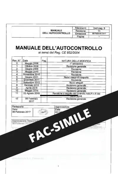 fac-simile di un manuale HACCP bar